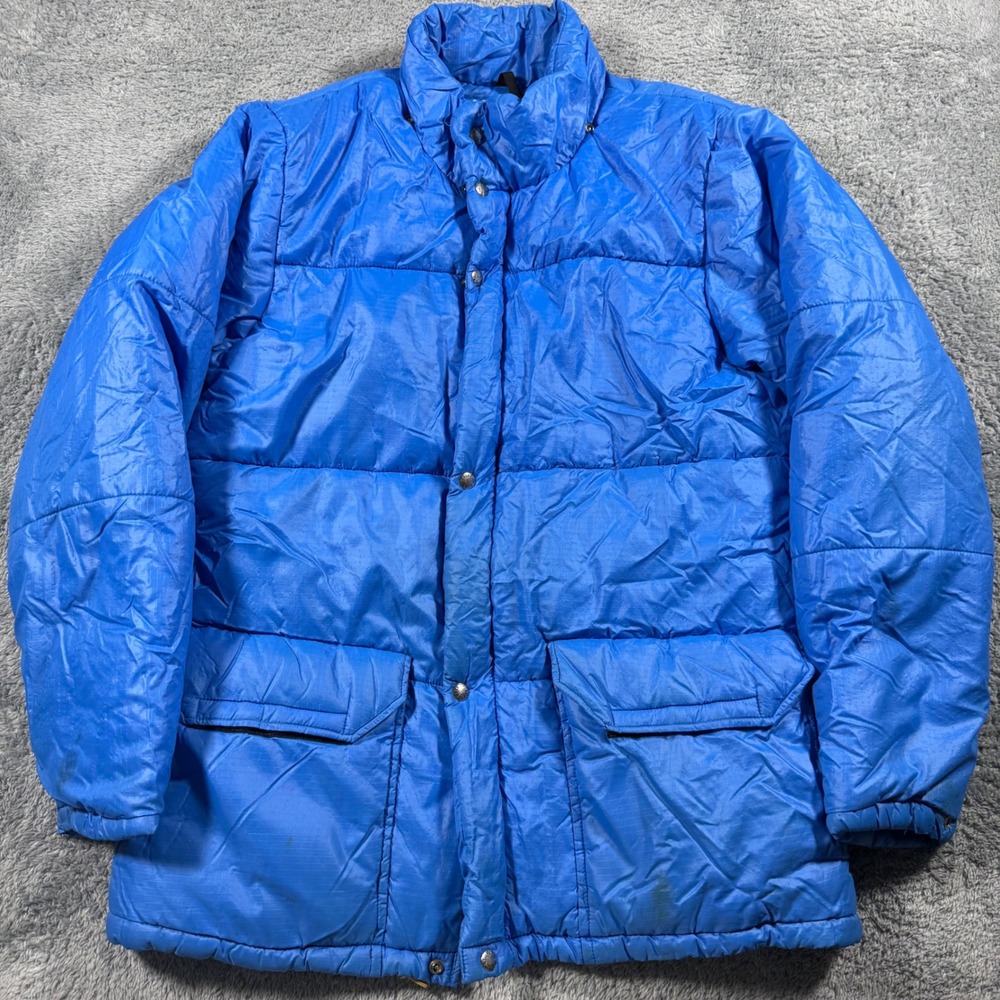 Vintage 70s The North Face Brown Label Down Puffer Jacket Blue Ripstop Parka‎ XL